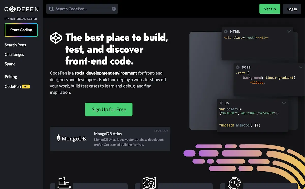 Screenshot of the CodePen homepage with the headline 'The best place to build, test, and discover front-end code' and a live HTML, SCSS, and JS code editor preview.